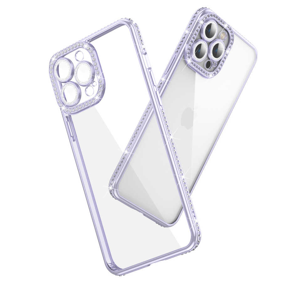 Apple iPhone 12 Pro Max Kılıf Kamera Korumalı Taşlı Zore Mina Kapak Rose Gold