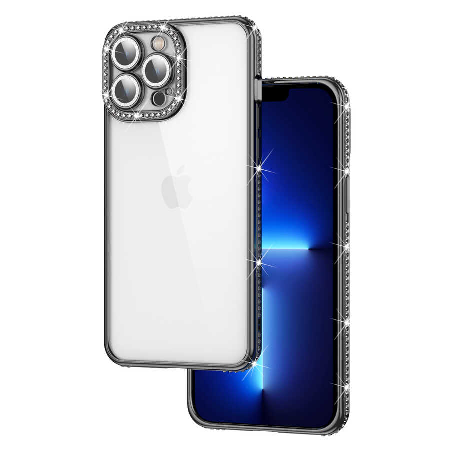 Apple iPhone 12 Pro Max Kılıf Kamera Korumalı Taşlı Zore Mina Kapak Siyah