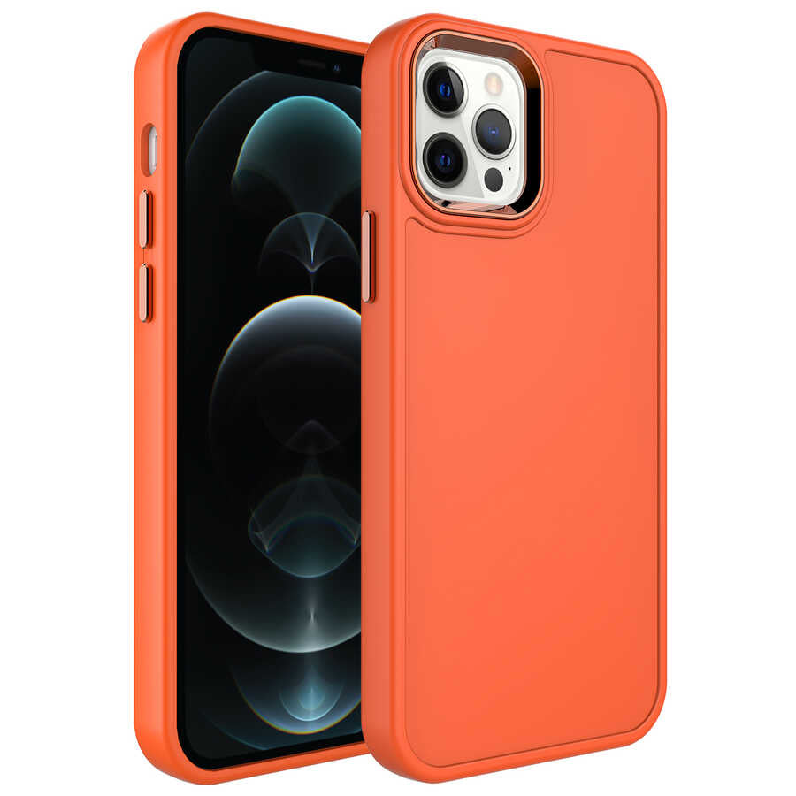 Apple iPhone 12 Pro Max Kılıf Metal Çerçeve ve Buton Tasarımlı Sert Zore Botox Kapak Turuncu