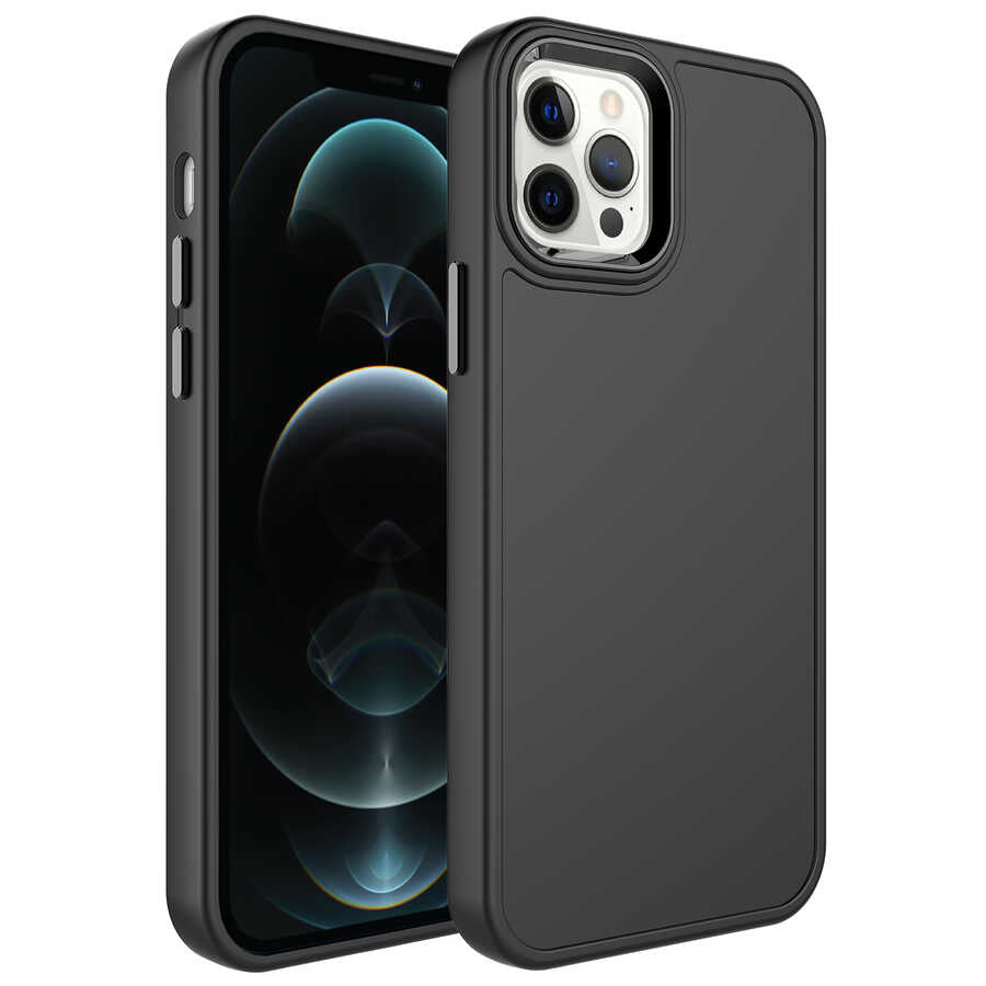 Apple iPhone 12 Pro Max Kılıf Metal Çerçeve ve Buton Tasarımlı Sert Zore Botox Kapak Siyah