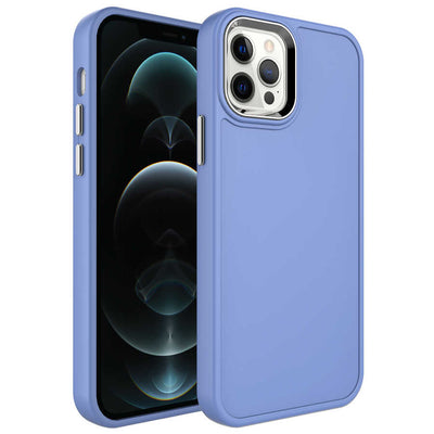 Apple iPhone 12 Pro Max Kılıf Metal Çerçeve ve Buton Tasarımlı Sert Zore Botox Kapak Lavendery Gray