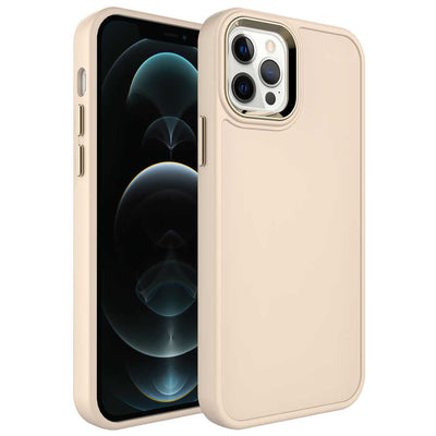 Apple iPhone 12 Pro Max Kılıf Metal Çerçeve ve Buton Tasarımlı Sert Zore Botox Kapak Krem