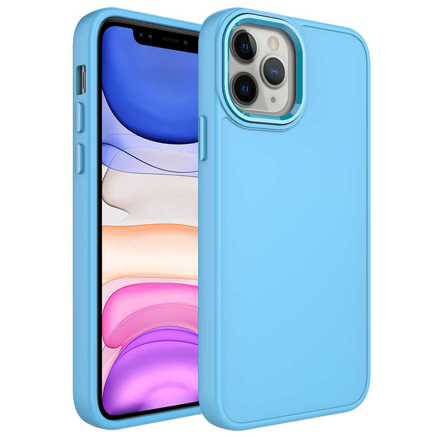 Apple iPhone 12 Pro Max Kılıf Metal Çerçeve ve Buton Tasarımlı Silikon Zore Luna Kapak Sierra Mavi