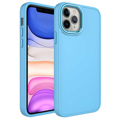 Apple iPhone 12 Pro Max Kılıf Metal Çerçeve ve Buton Tasarımlı Silikon Zore Luna Kapak Sierra Mavi