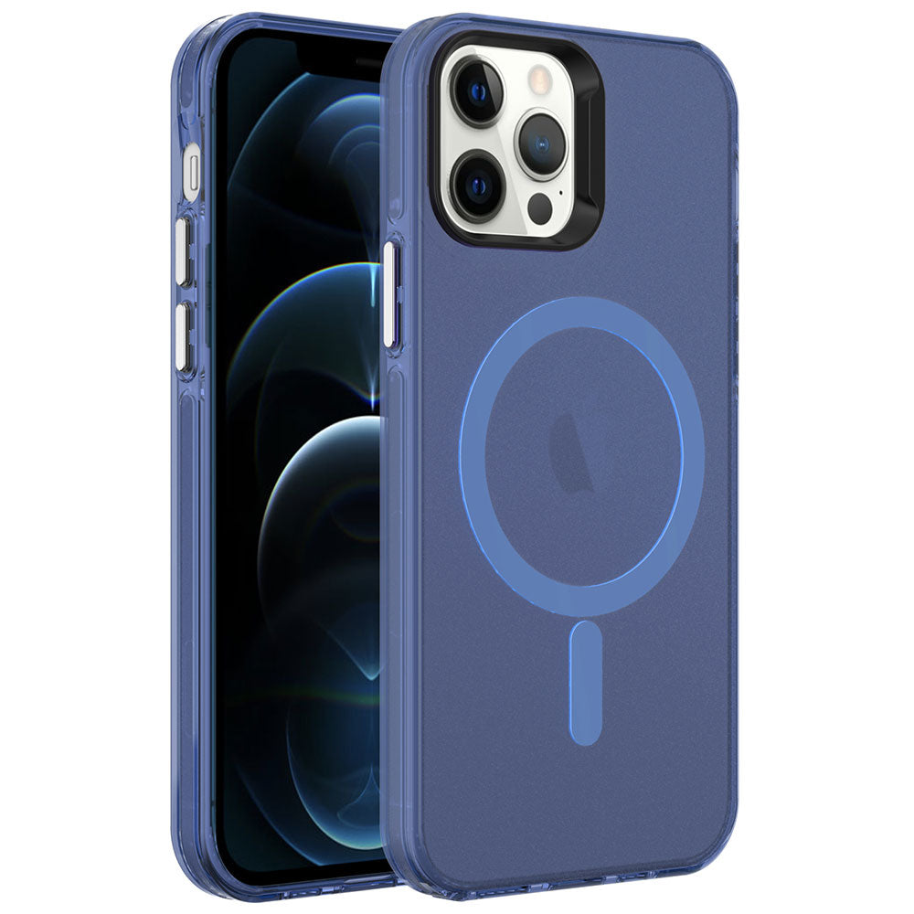 Apple iPhone 12 Pro Max Kılıf Zore M-safe Şarj Özellikli Buzlu Transparan C-Pro Sert Kapak Lacivert