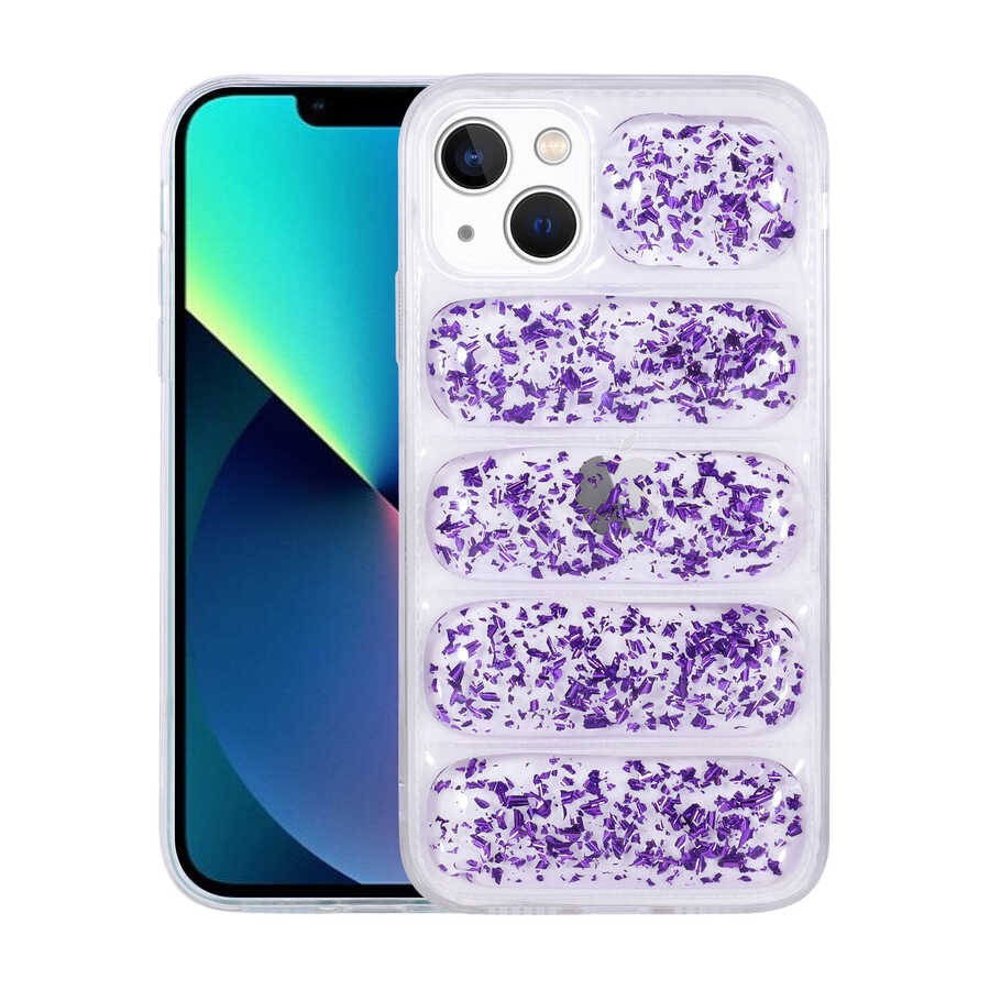 Apple iPhone 13 Kılıf Kamera Korumalı Simli Airbag'li Zore Dalga Kapak Mor