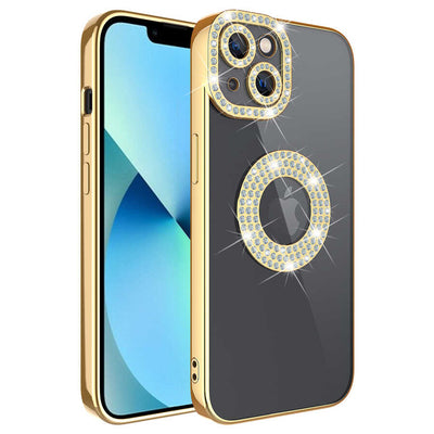 Apple iPhone 13 Kılıf Kamera Korumalı Taş Süslemeli Arkası Şeffaf Zore Asya Kapak Gold