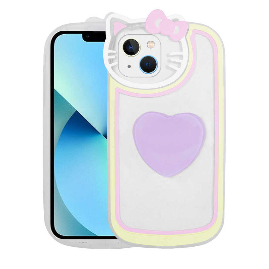 Apple iPhone 13 Kılıf Kedi Figürlü Transparan Pop Soketli Zore Ritmik Kapak Lila