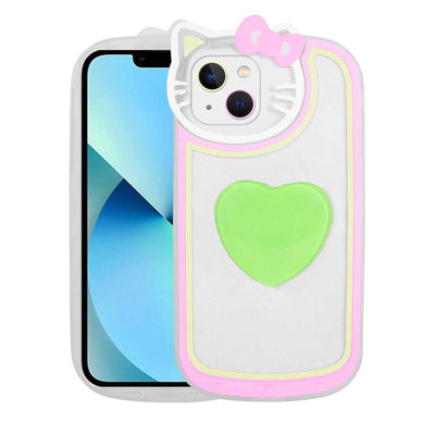 Apple iPhone 13 Kılıf Kedi Figürlü Transparan Pop Soketli Zore Ritmik Kapak Yeşil