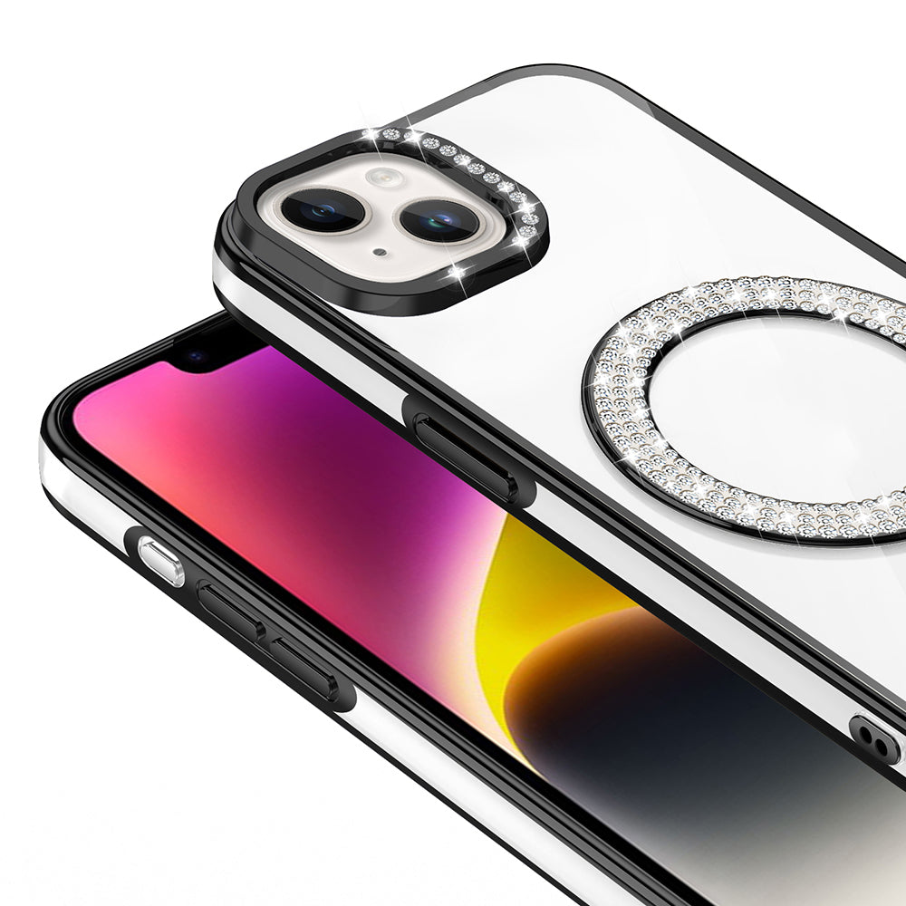 Apple iPhone 13 Kılıf Pırlanta Taş Tasarımlı M-safe Şarj Özellikli Zore Karetta Silikon Kapak Siyah