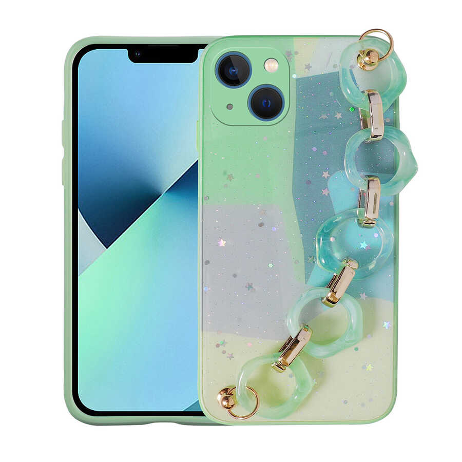 Apple iPhone 13 Kılıf Simli Desenli El Askılı Tutacaklı Zore Elsa Silikon Kapak Yeşil