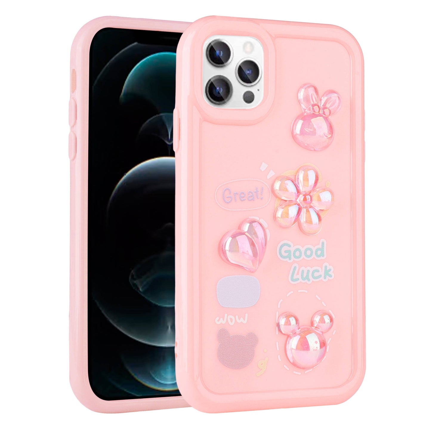 Apple iPhone 13 Pro Kılıf Kabartma Figürlü Parlak Zore Toys Silikon Kapak Pembe