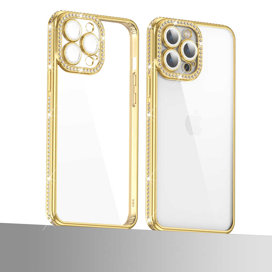 Apple iPhone 13 Pro Kılıf Kamera Korumalı Taşlı Zore Mina Kapak Siyah