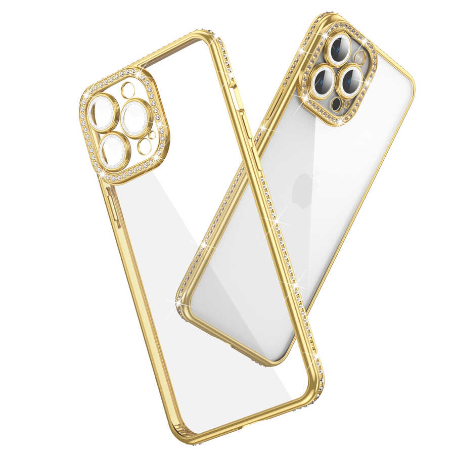 Apple iPhone 13 Pro Kılıf Kamera Korumalı Taşlı Zore Mina Kapak Gold