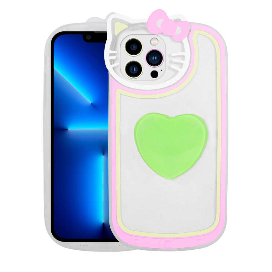 Apple iPhone 13 Pro Kılıf Kedi Figürlü Transparan Pop Soketli Zore Ritmik Kapak Beyaz