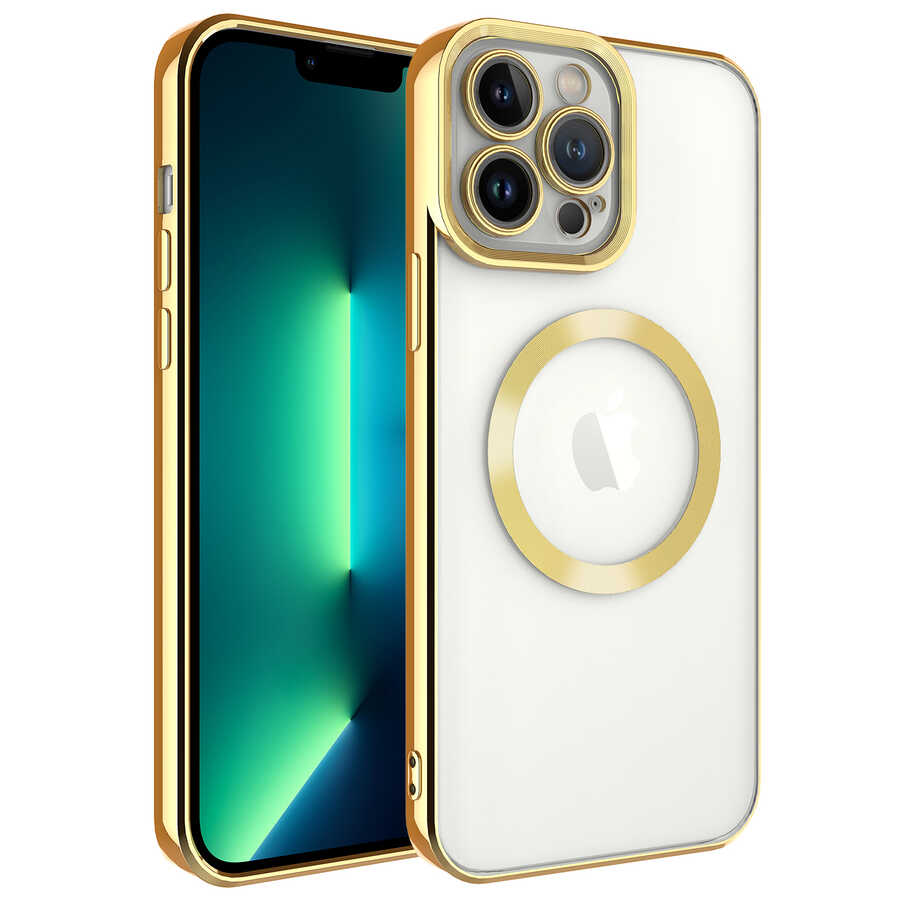 Apple iPhone 13 Pro Kılıf M-safe Wireless Şarj Özellikli Zore Setro Silikon Gold