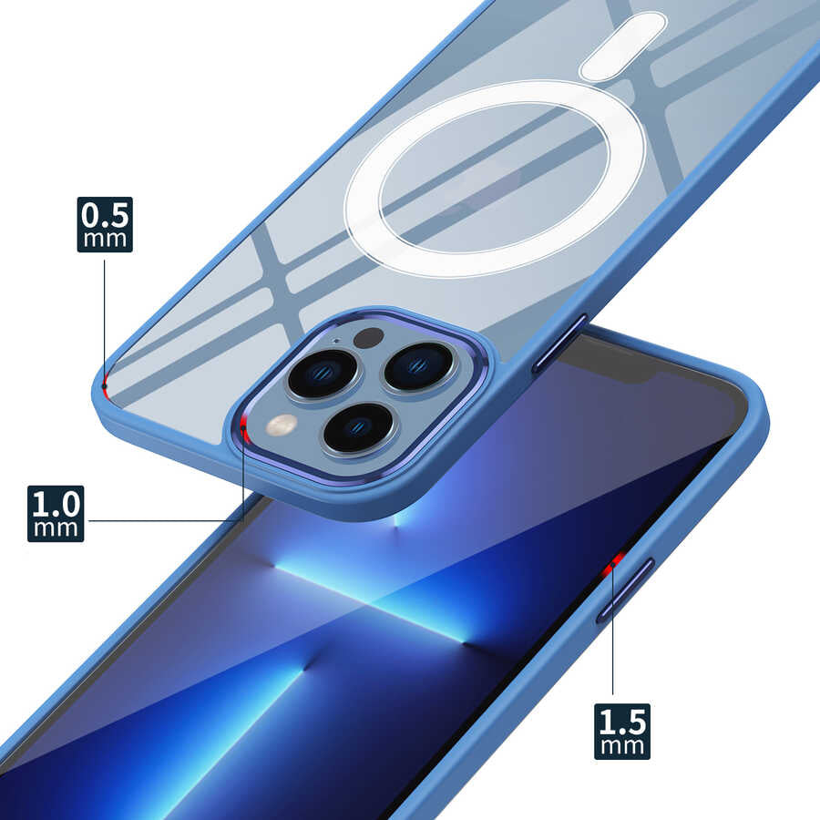 Apple iPhone 13 Pro Kılıf Wireless Şarj Özellikli Zore Krom M-safe Silikon Kapak Lacivert