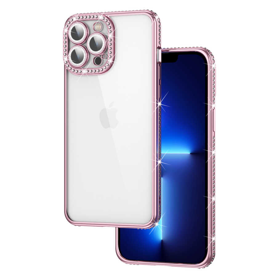 Apple iPhone 13 Pro Max Kılıf Kamera Korumalı Taşlı Zore Mina Kapak Rose Gold