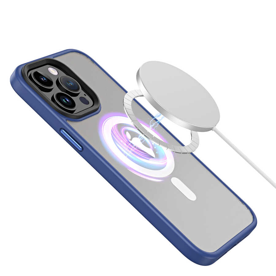 Apple iPhone 13 Pro Max Kılıf Wireless Şarj Özellikli Zore Hibrit M-safe Kapak Mavi Açık
