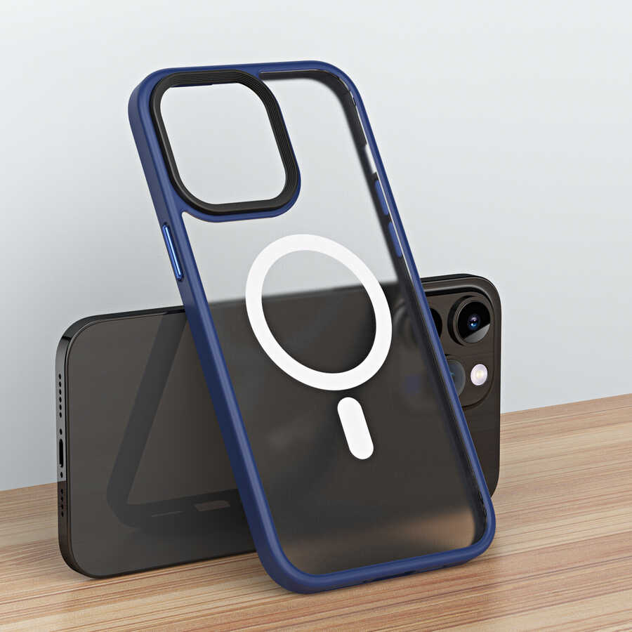 Apple iPhone 13 Pro Max Kılıf Wireless Şarj Özellikli Zore Hibrit M-safe Kapak Mavi Açık