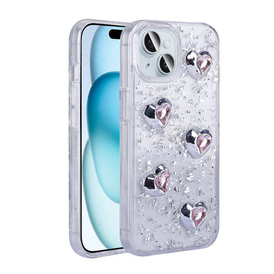 Apple iPhone 14 Kılıf Airbagli Simli Arka Yüzey Zore Işıltı Silikon Kapak Beyaz-Kalp