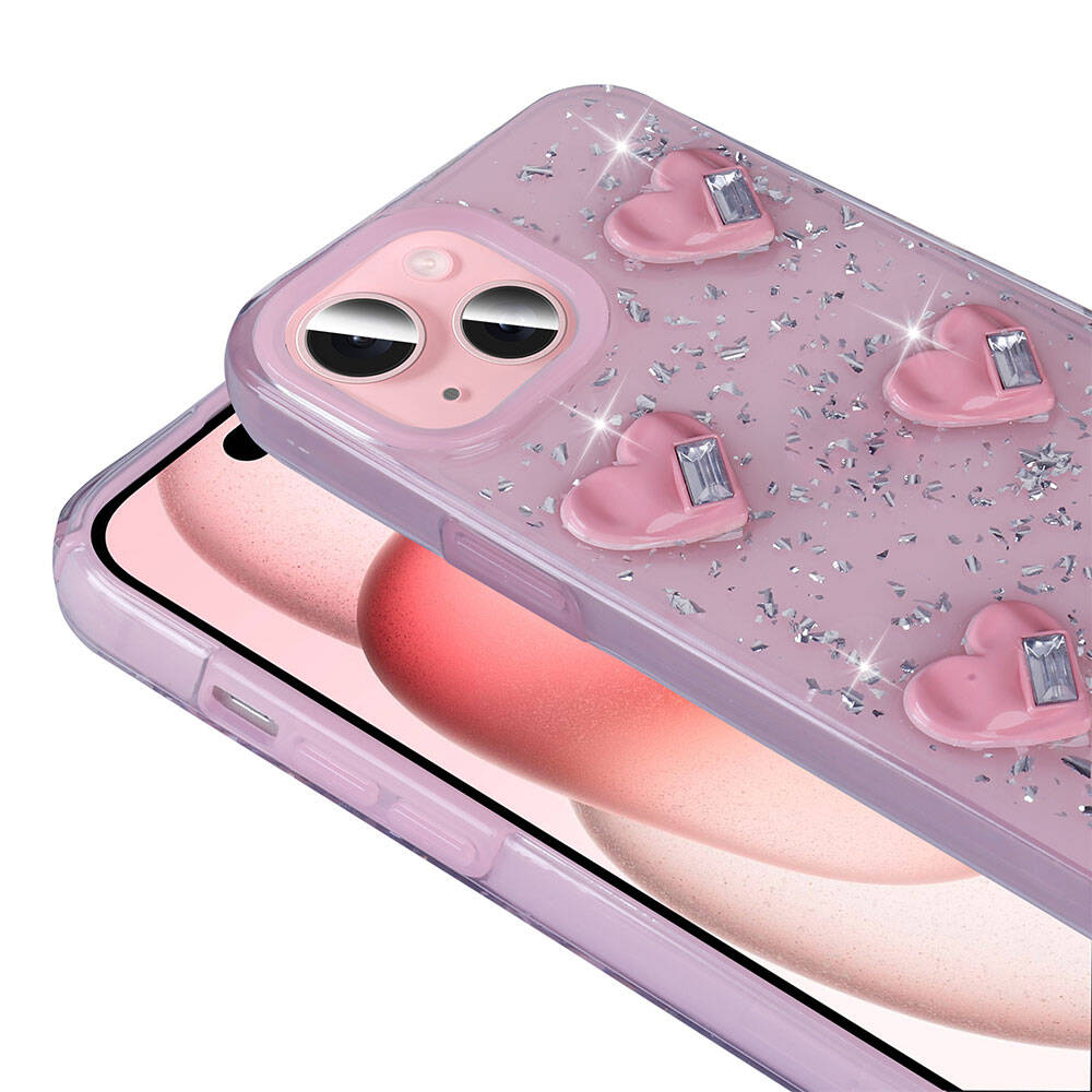 Apple iPhone 14 Kılıf Airbagli Simli Arka Yüzey Zore Işıltı Silikon Kapak Beyaz-Kalp
