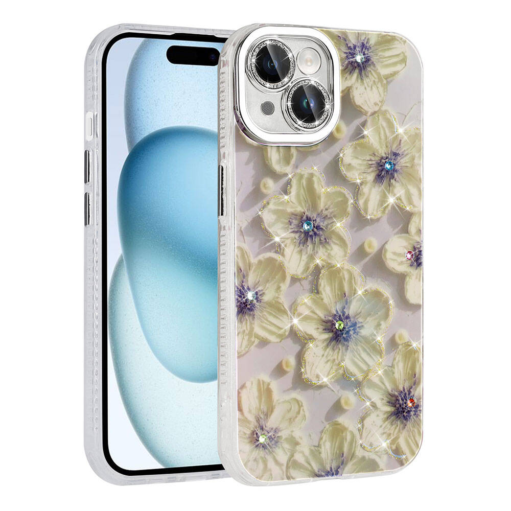 Apple iPhone 14 Kılıf Çiçek Desenli Parlak Taşlı Sert Silikon Zore Garden Kapak Mavi