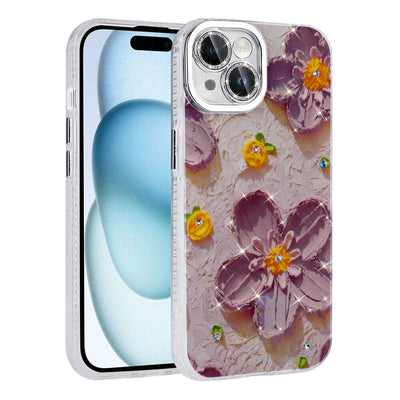 Apple iPhone 14 Kılıf Çiçek Desenli Parlak Taşlı Sert Silikon Zore Garden Kapak Pembe Açık