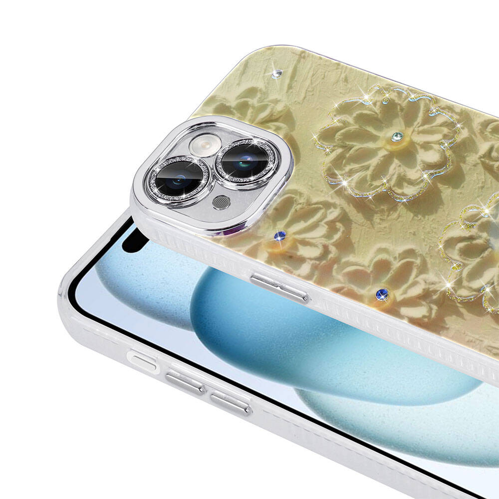 Apple iPhone 14 Kılıf Çiçek Desenli Parlak Taşlı Sert Silikon Zore Garden Kapak Mor