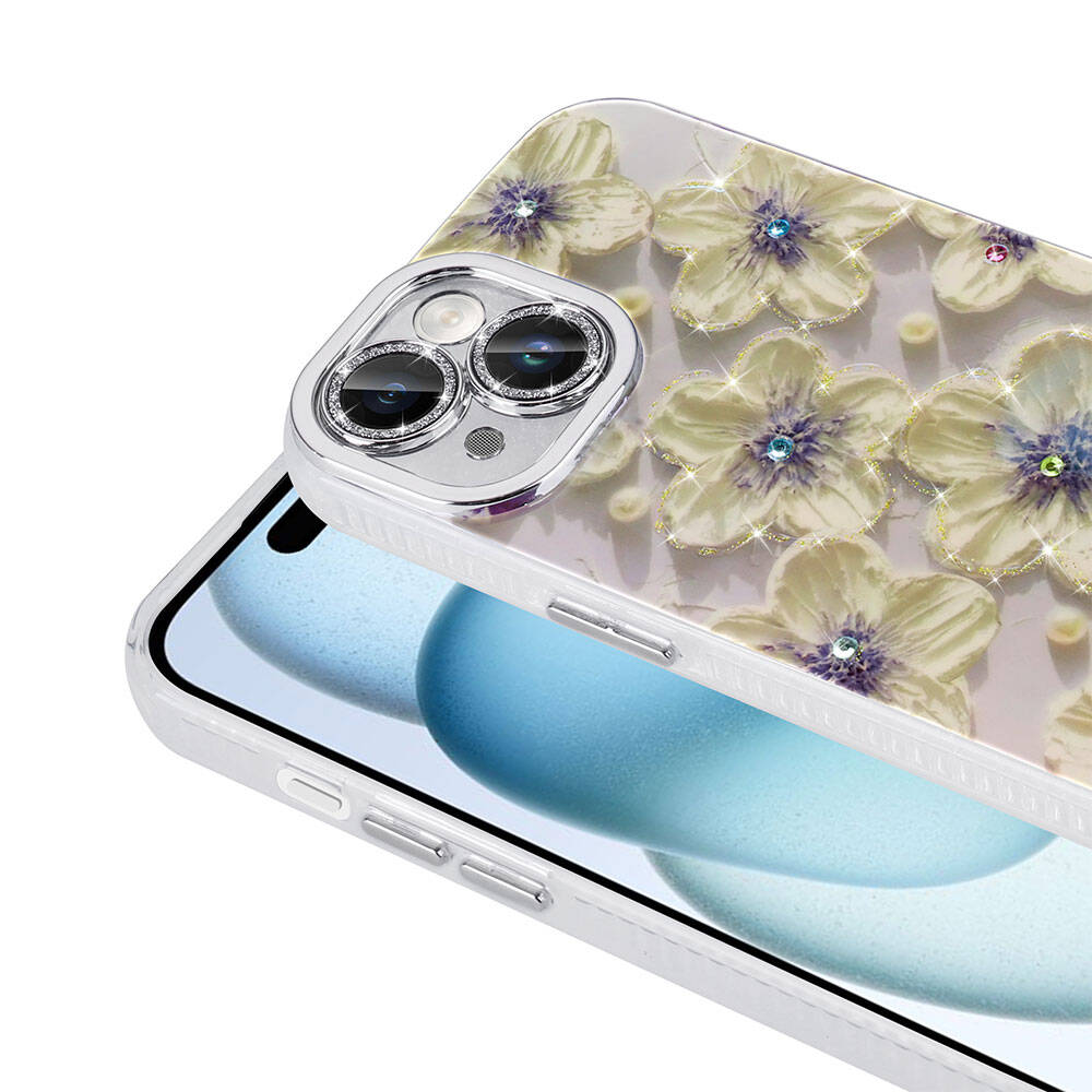 Apple iPhone 14 Kılıf Çiçek Desenli Parlak Taşlı Sert Silikon Zore Garden Kapak Mor