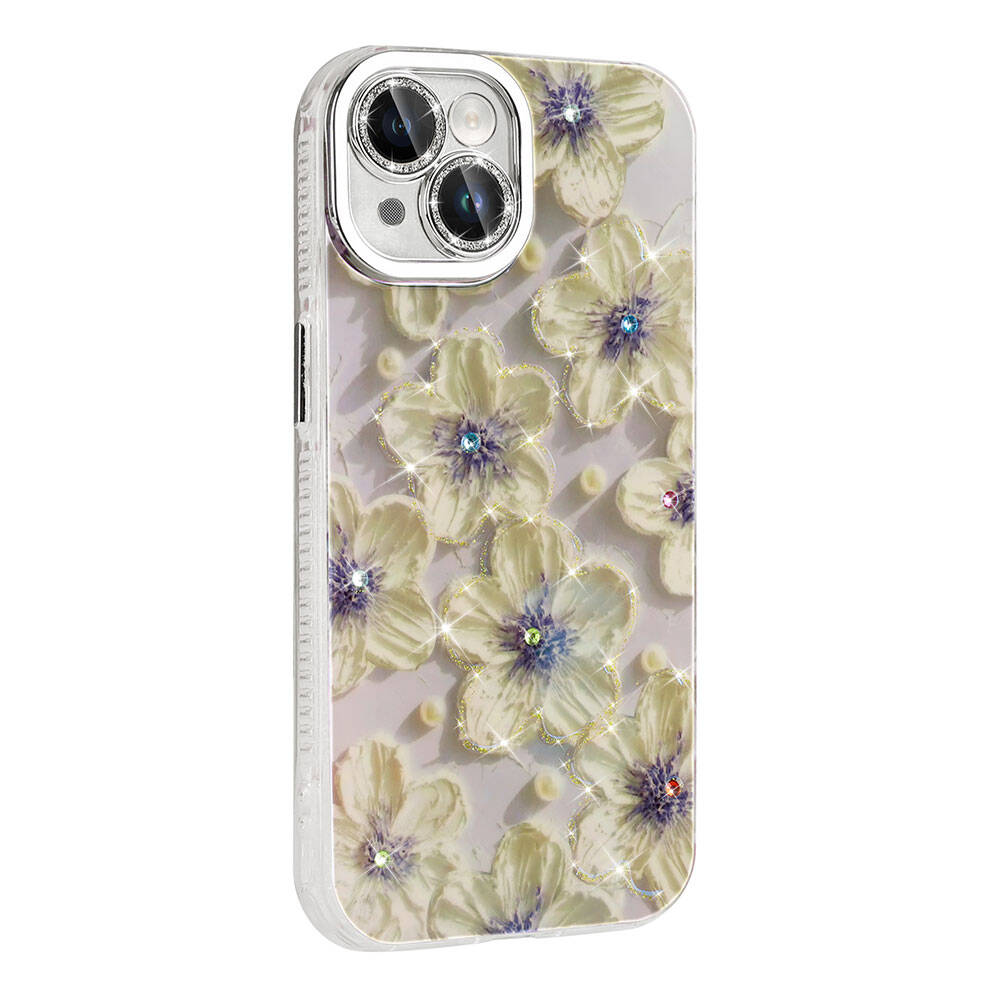 Apple iPhone 14 Kılıf Çiçek Desenli Parlak Taşlı Sert Silikon Zore Garden Kapak Colorful
