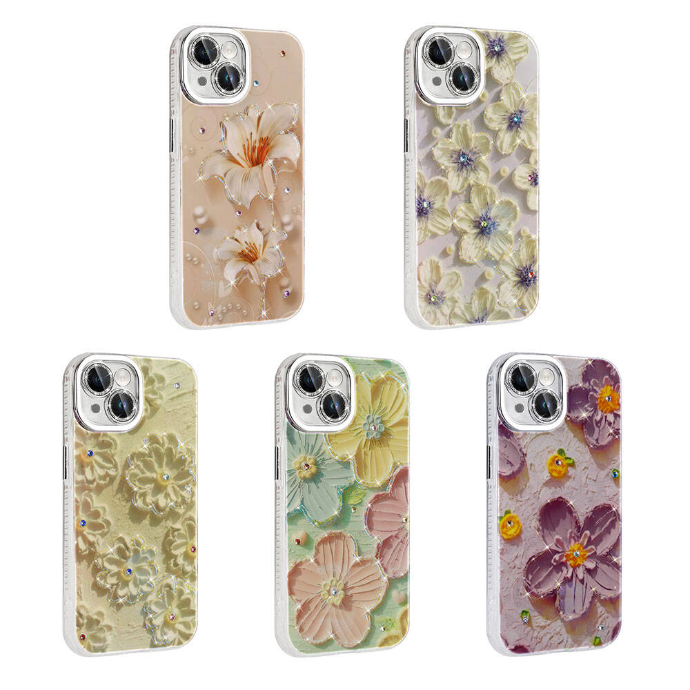 Apple iPhone 14 Kılıf Çiçek Desenli Parlak Taşlı Sert Silikon Zore Garden Kapak Colorful
