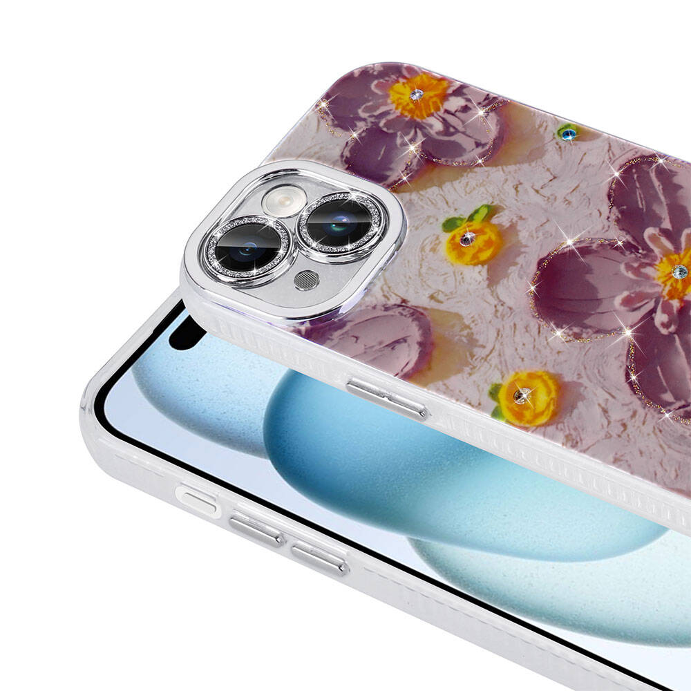 Apple iPhone 14 Kılıf Çiçek Desenli Parlak Taşlı Sert Silikon Zore Garden Kapak Mor