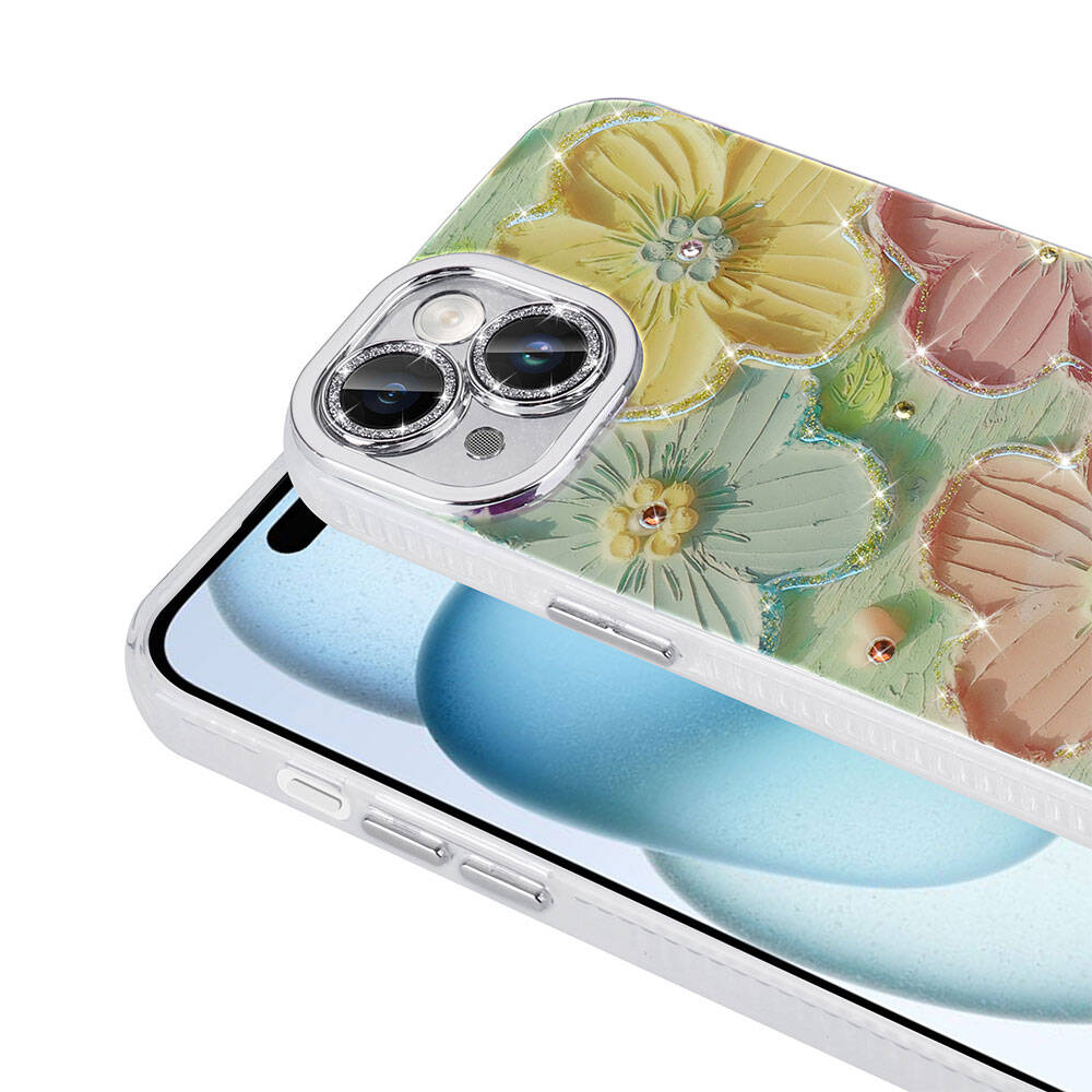 Apple iPhone 14 Kılıf Çiçek Desenli Parlak Taşlı Sert Silikon Zore Garden Kapak Mor