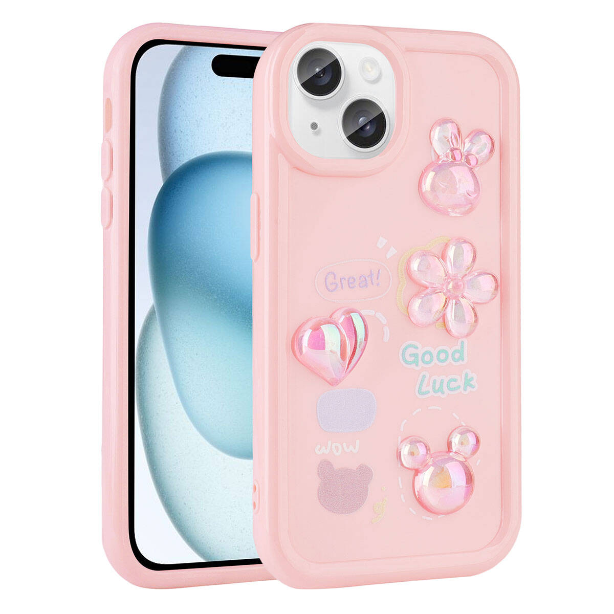 Apple iPhone 14 Kılıf Kabartma Figürlü Parlak Zore Toys Silikon Kapak Pembe