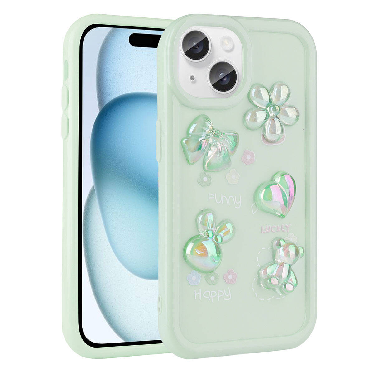 Apple iPhone 14 Kılıf Kabartma Figürlü Parlak Zore Toys Silikon Kapak Açık Yeşil