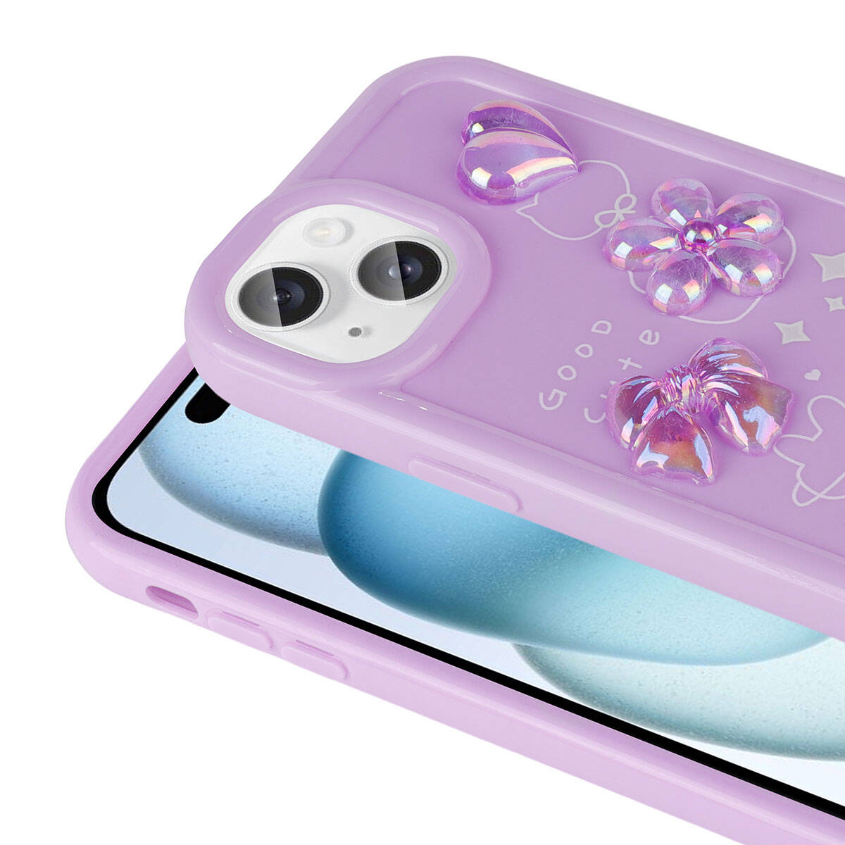 Apple iPhone 14 Kılıf Kabartma Figürlü Parlak Zore Toys Silikon Kapak Mor