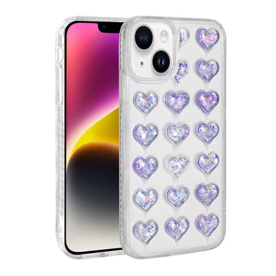 Apple iPhone 14 Kılıf Kamera Korumalı Renkli Kalp Desenli Transparan Zore Kalp Kapak Lila