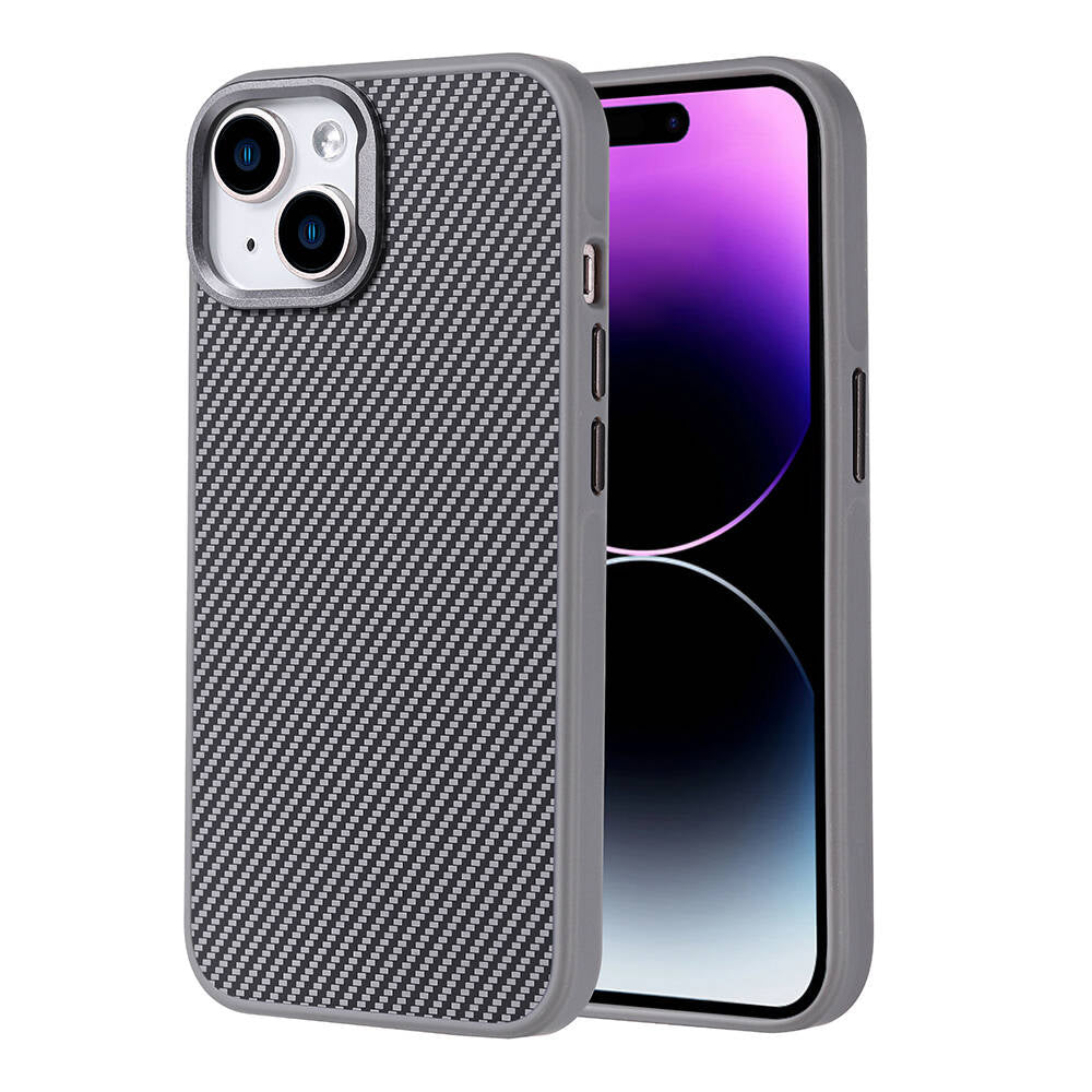 Apple iPhone 14 Kılıf M-safe Şarj Özellikli Karbon Fiber Görünümlü Zore Troy Kapak Gümüş