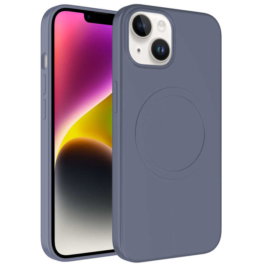 Apple iPhone 14 Kılıf M-safe Wireless Şarj Özellikli Pastel Renk Silikon Zore Plas Kapak Lavendery Gray