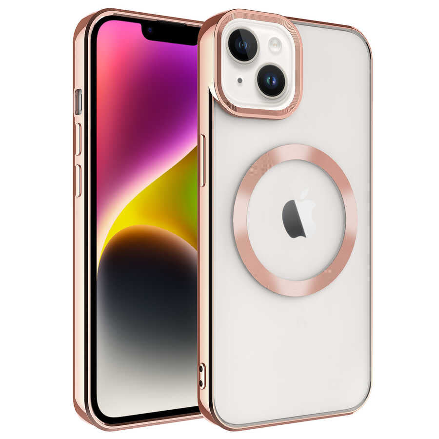 Apple iPhone 14 Kılıf M-safe Wireless Şarj Özellikli Zore Setro Silikon Rose Gold