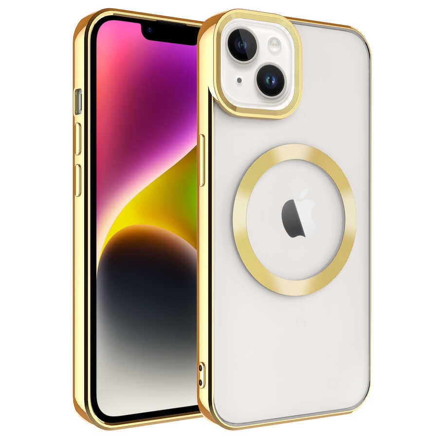 Apple iPhone 14 Kılıf M-safe Wireless Şarj Özellikli Zore Setro Silikon Gold