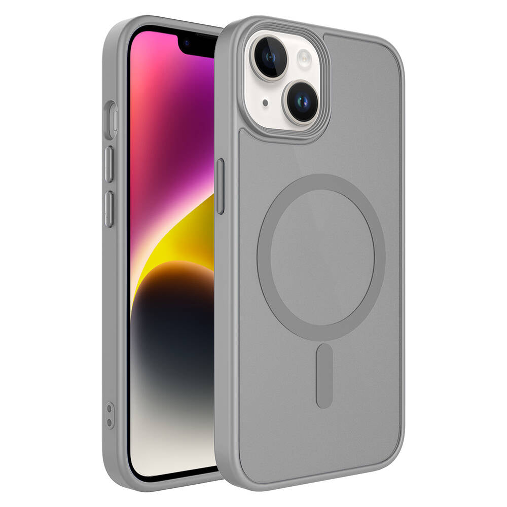 Apple iPhone 14 Kılıf Mat Arka Yüzey Wireless Şarj Özellikli Zore Flet M-safe Kapak Gri