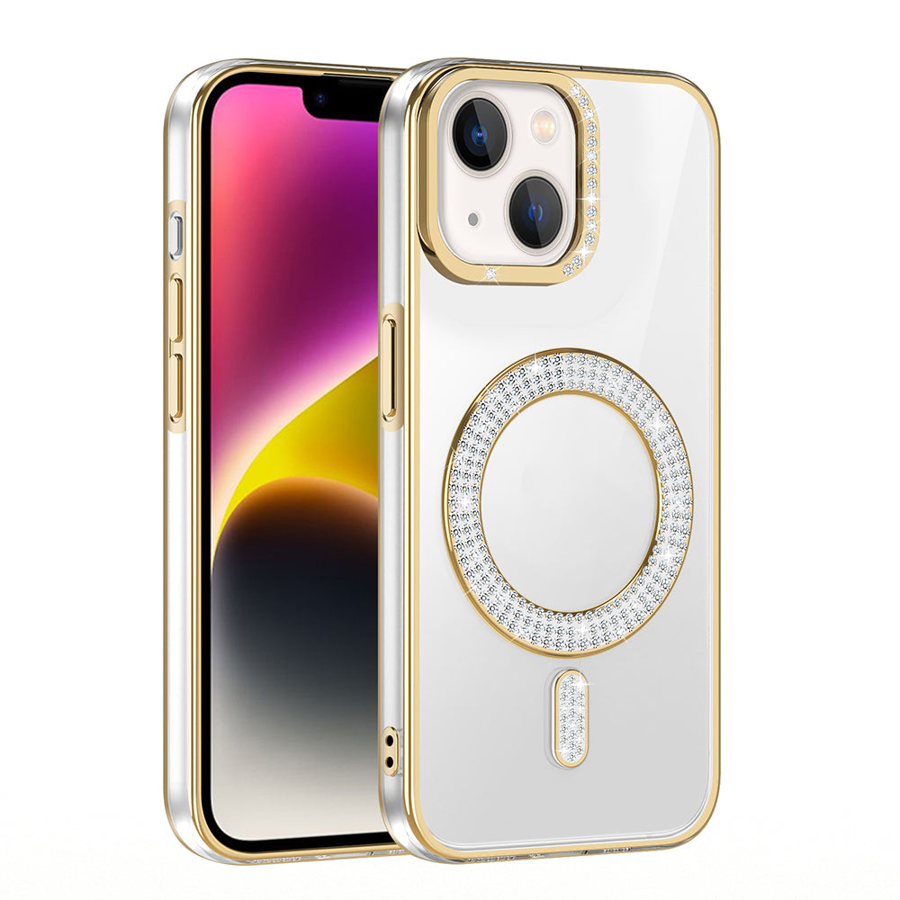 Apple iPhone 14 Kılıf Pırlanta Taş Tasarımlı M-safe Şarj Özellikli Zore Karetta Silikon Kapak Mor