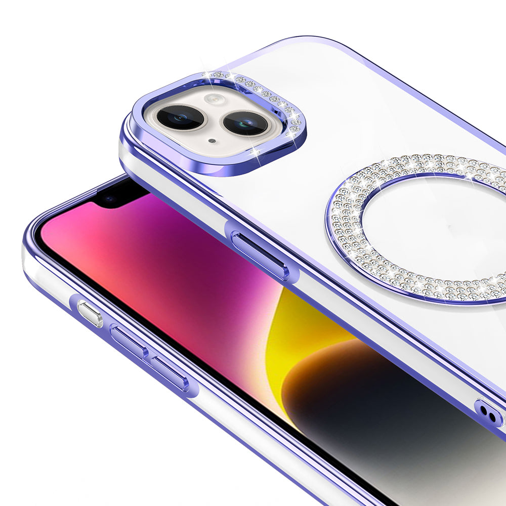 Apple iPhone 14 Kılıf Pırlanta Taş Tasarımlı M-safe Şarj Özellikli Zore Karetta Silikon Kapak Mor