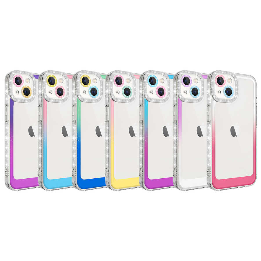 Apple iPhone 14 Kılıf Simli ve Renk Geçiş Tasarımlı Lens Korumalı Zore Park Kapak Pembe-Mavi