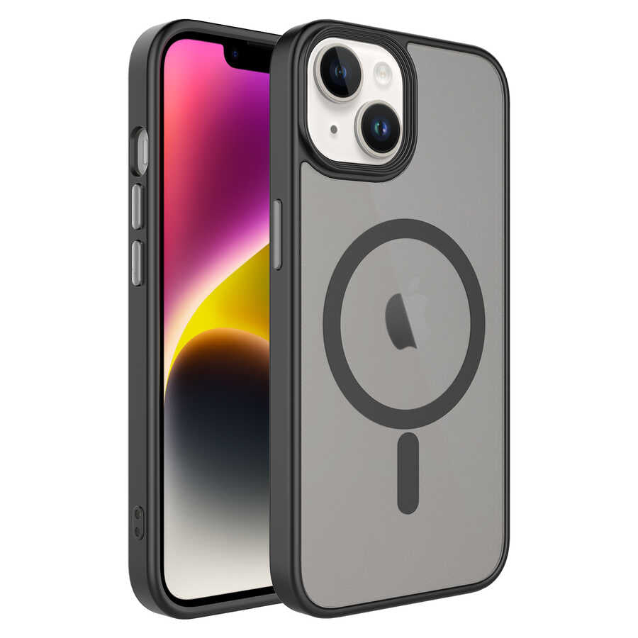 Apple iPhone 14 Plus Kılıf Mat Arka Yüzey Wireless Şarj Özellikli Zore Flet M-safe Kapak Siyah