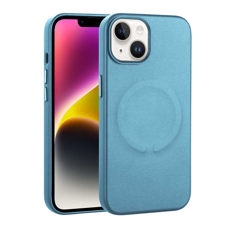 Apple iPhone 14 Plus Kılıf PU Deri M-safe Wireless Şarj Özellikli Zore Derix Kapak Mavi