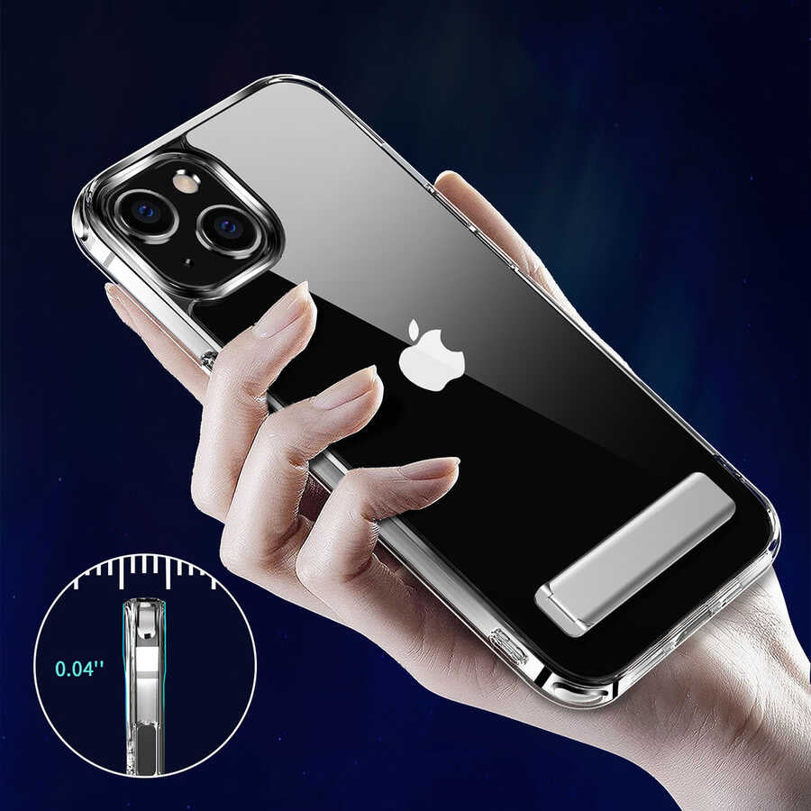 Apple iPhone 14 Plus Kılıf Standlı Şeffaf Silikon Zore L-Stand Kapak Renksiz