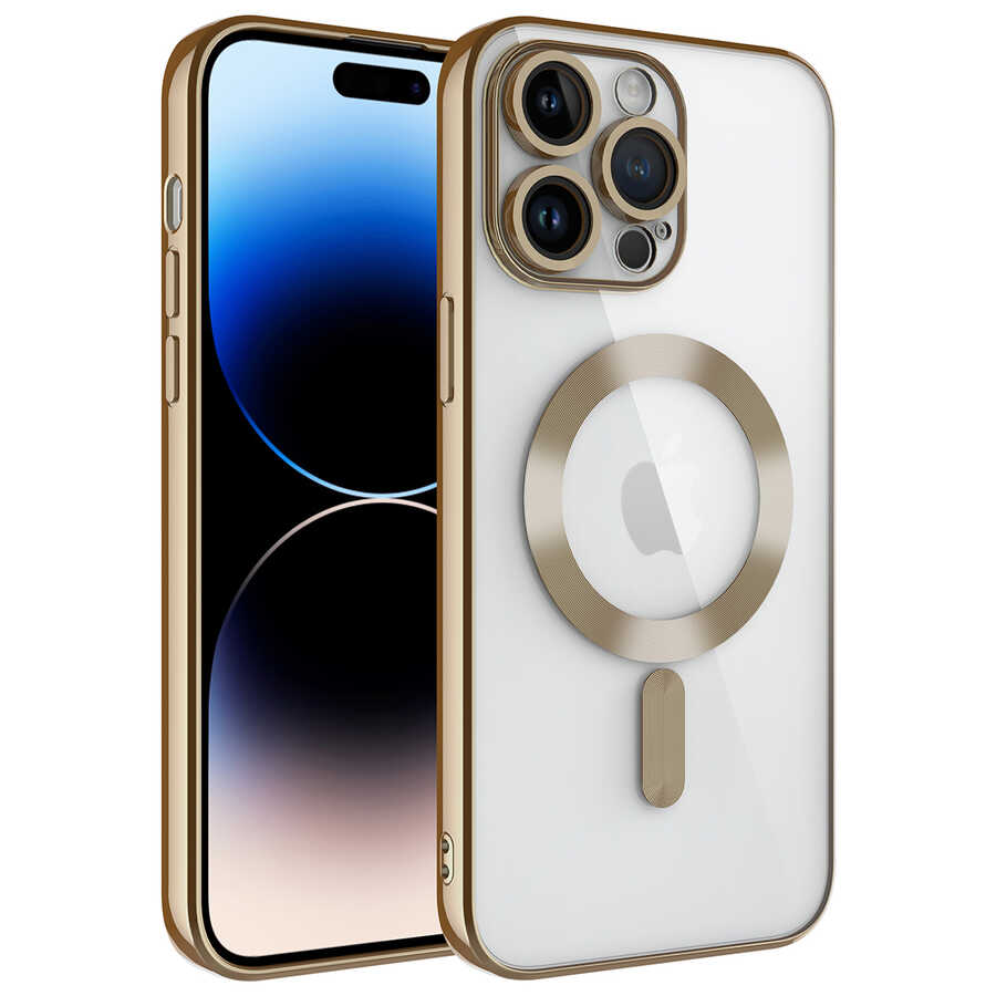 Apple iPhone 14 Pro Kılıf Kamera Korumalı M-safe Wireless Şarj Özellikli Zore Demre Kapak Gold